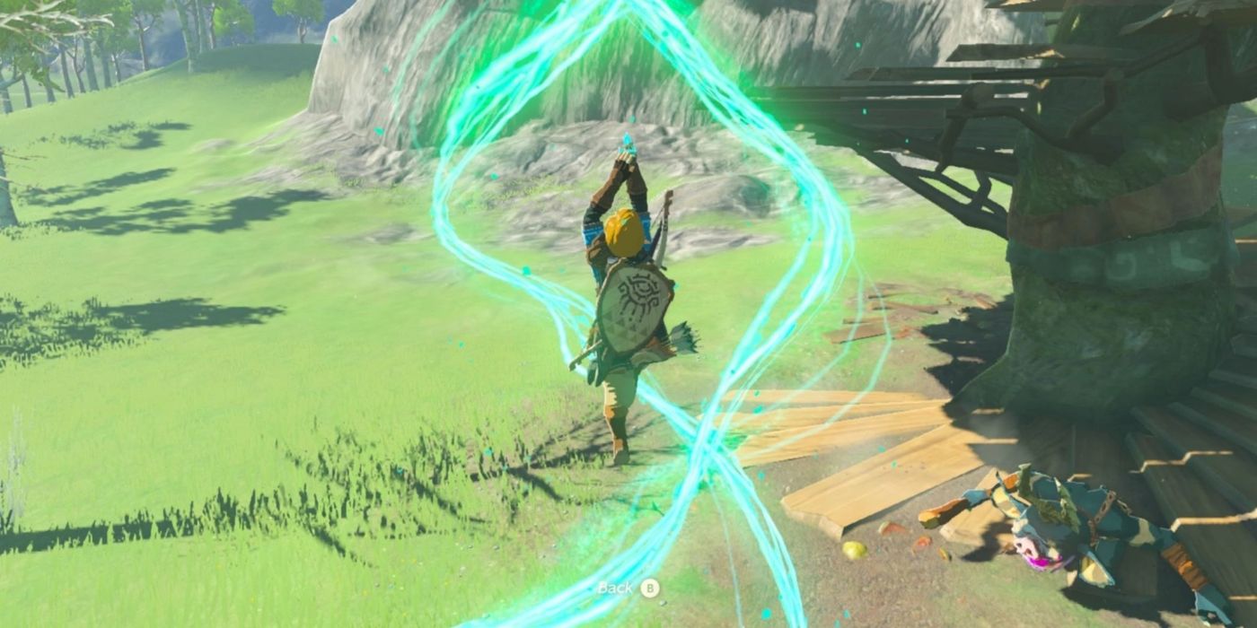 Zelda TOTK Ascend Powers, menampilkan Link terbang ke atas di antara pusaran cahaya