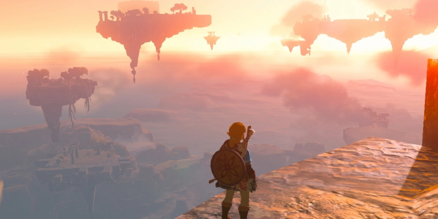 Zelda TOTK Looking Out Over Sunrise with sky islands in the distance