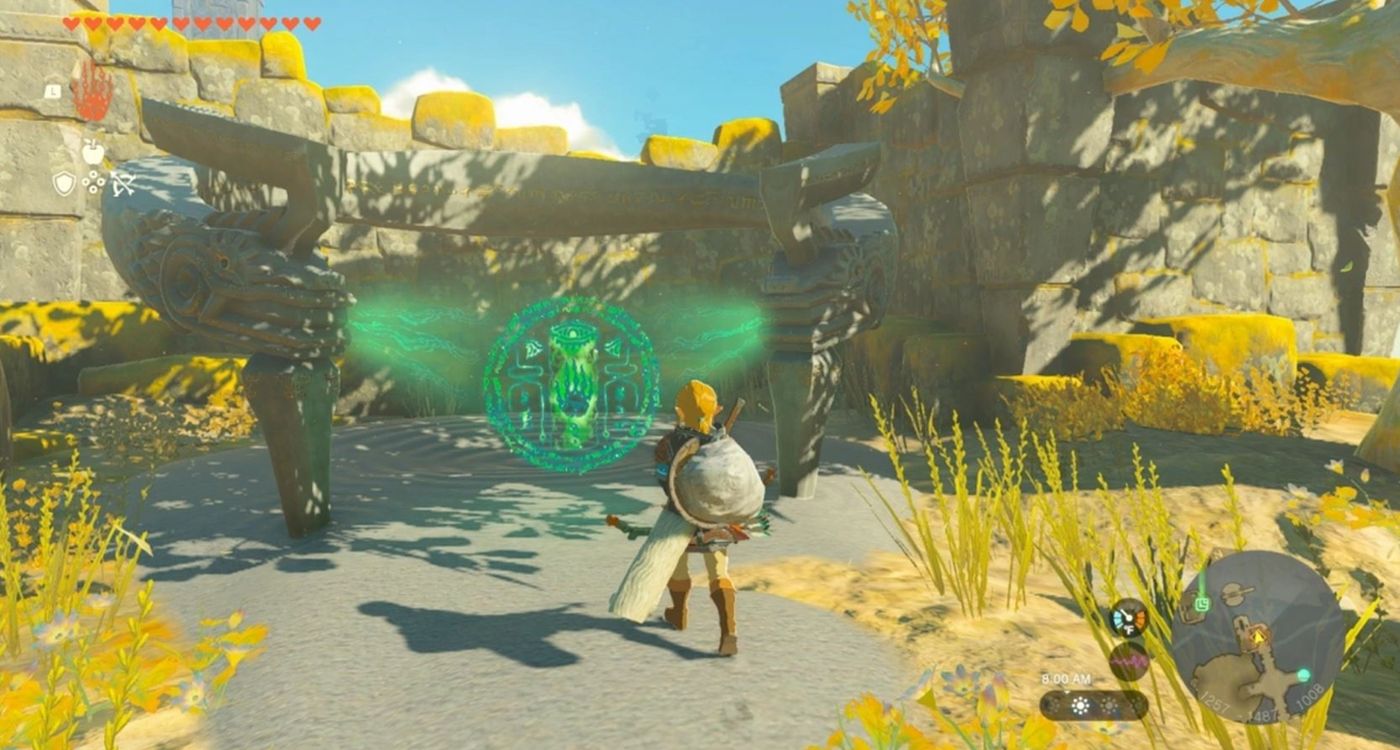 Zelda TOTK Puzzles, Link Stands In Front Of A Glowing Symbol in between two pillars