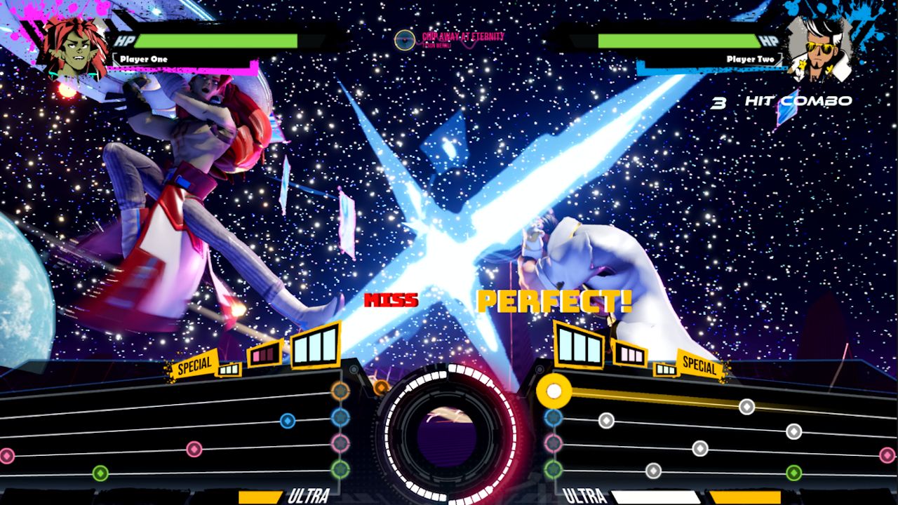 Screenshot of the rhythm game God of Rock shows two character fighting, one on each side of the screen, while a large note board lies at the bottom of the screen. Flashy effects and a starry sky surround the two fighters.