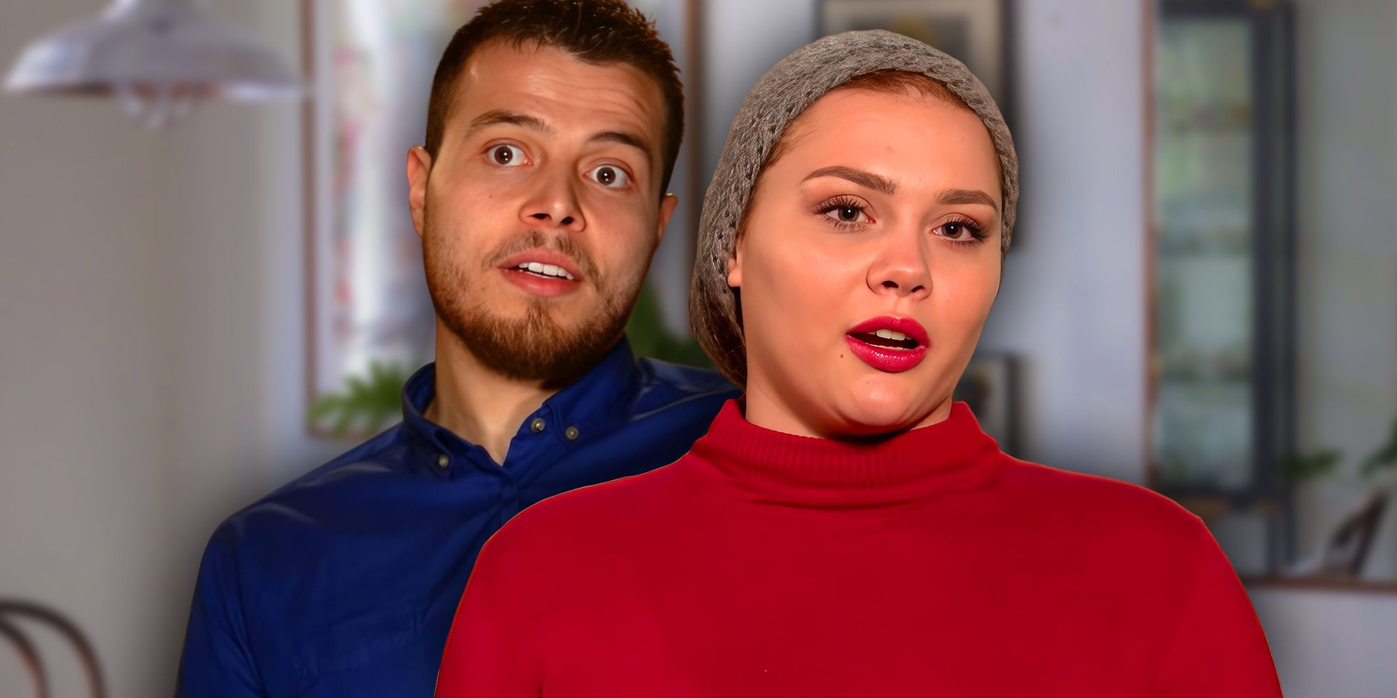 90 Day Fiancé stars Avery Mills wearing red top and Omar Albakour wearing blue shirt