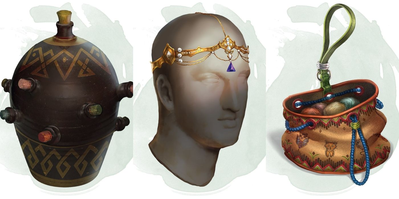 Artwork for three D&D magic items: the Alchemy Jug, a ceramic bottle with many stoppers; the Headband of Intellect, a gilded and jeweled headpiece; and the Bag of tricks, a woven, patterned sack with a strap.