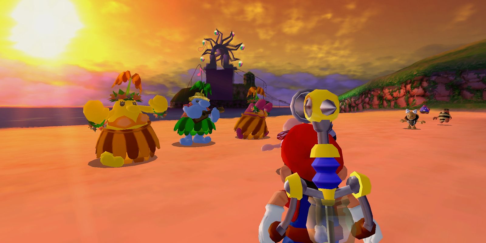 Mario berdiri di pantai indah yang diterangi cahaya jingga saat matahari terbenam, menyaksikan tiga Piantas dengan rok rumput menari sebagai bagian dari cutscene Super Mario Sunshine.