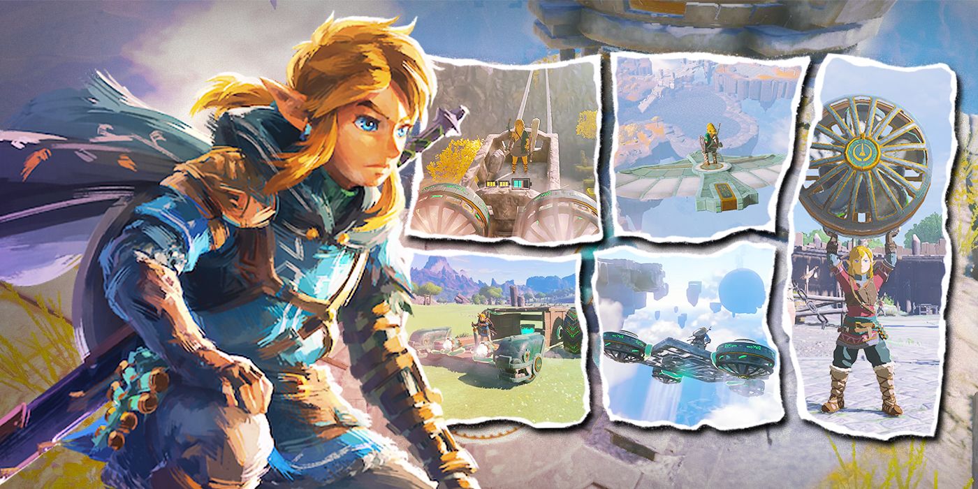 Artwork of Link kneeling down with a collage of him using various Zonai devices in Zelda: Tears of the Kingdom in the background.