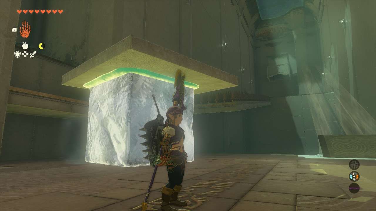 Link standing next to an ice block with a stone slab fused to it in Zelda TOTK