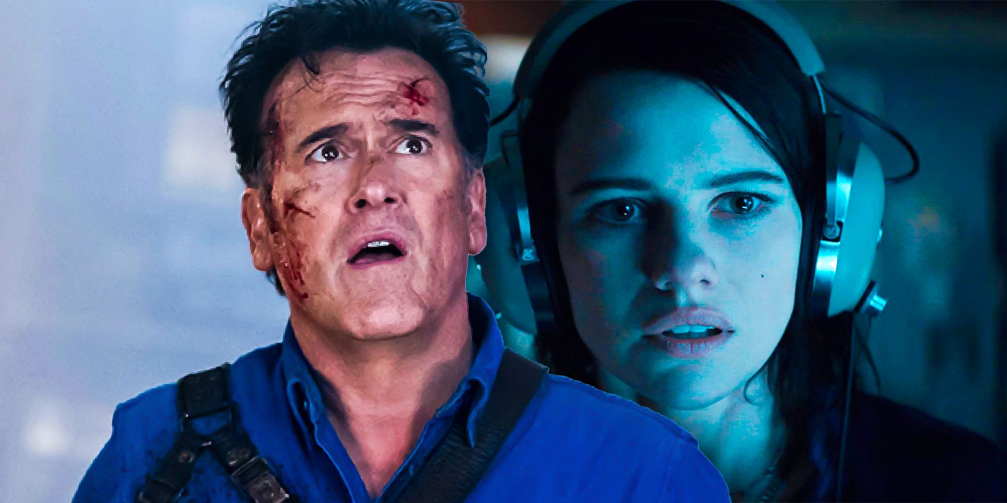 Bruce Campbell as Ash in Ash vs. Evil Dead and Lily Sullivan as Beth in Evil Dead Rise