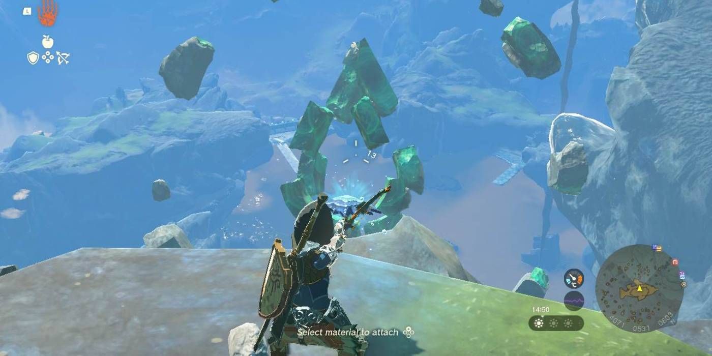 Zelda: Tears of the Kingdom Visant une flèche sur la structure des gouttelettes pour terminer la quête sur l'île des écailles flottantes