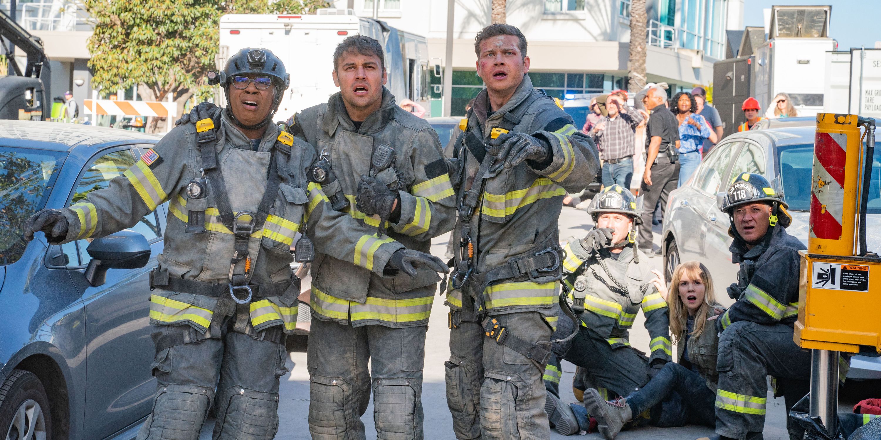 The crew looks on in horror while covered in dust in 9-1-1