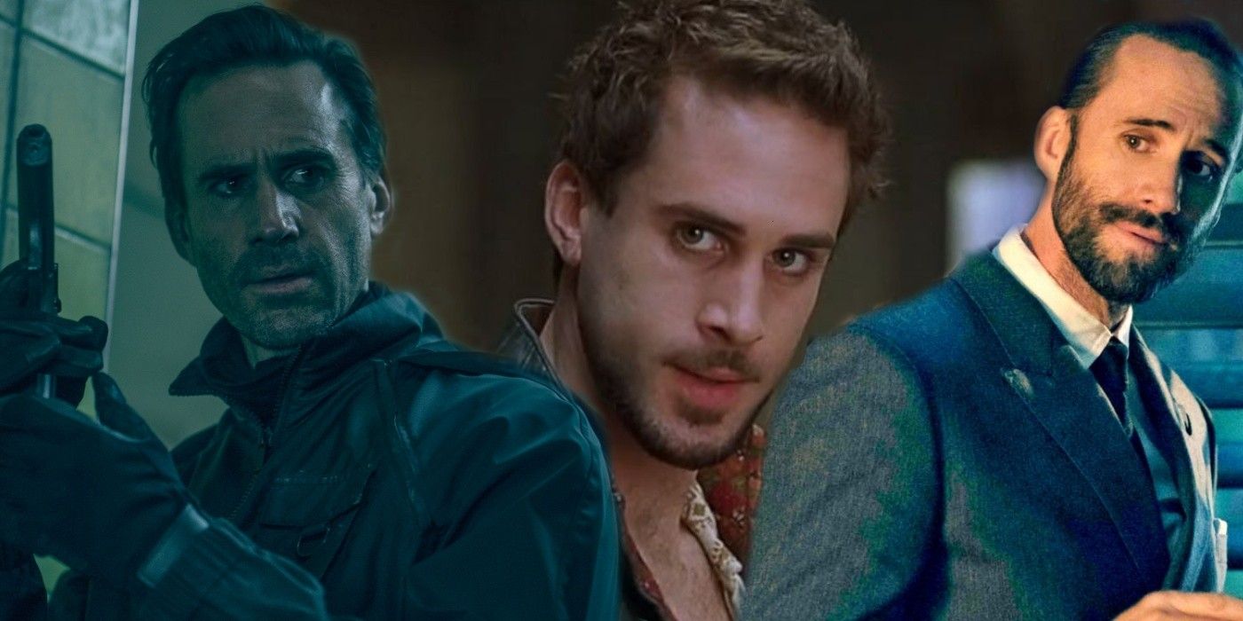 A collage of Joseph Fiennes in The Mother, Shakespeare in Love, and The Handmaid's Tale