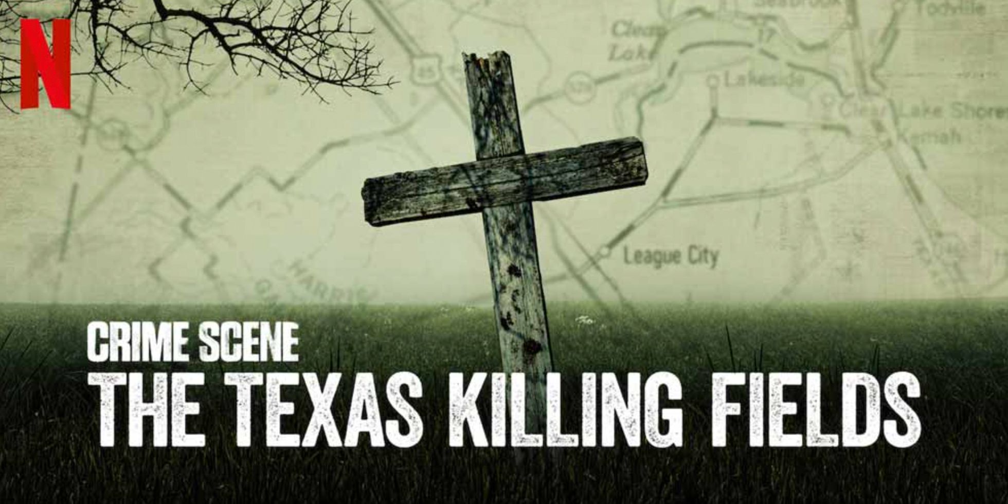 A cross in a field overlaid on the image of a map for the Crime Scene The Texas Killing Fields title card on Netflix