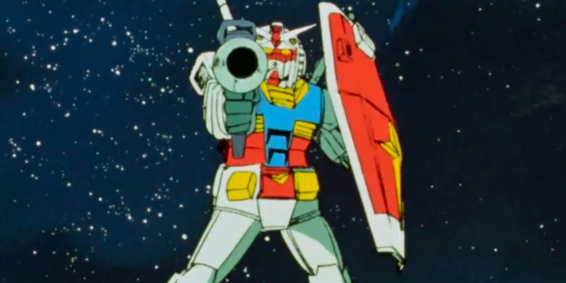 A Gundam suit with his weapon pointed directly at the viewer in Mobile Suit Gundam 1981