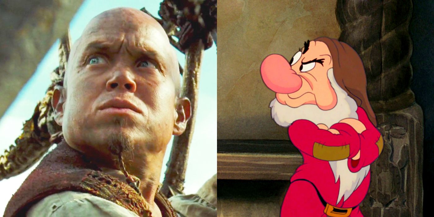 Uma imagem dividida de Marty parecendo sério em Piratas do Caribe e Zangado parecendo sério em Branca de Neve