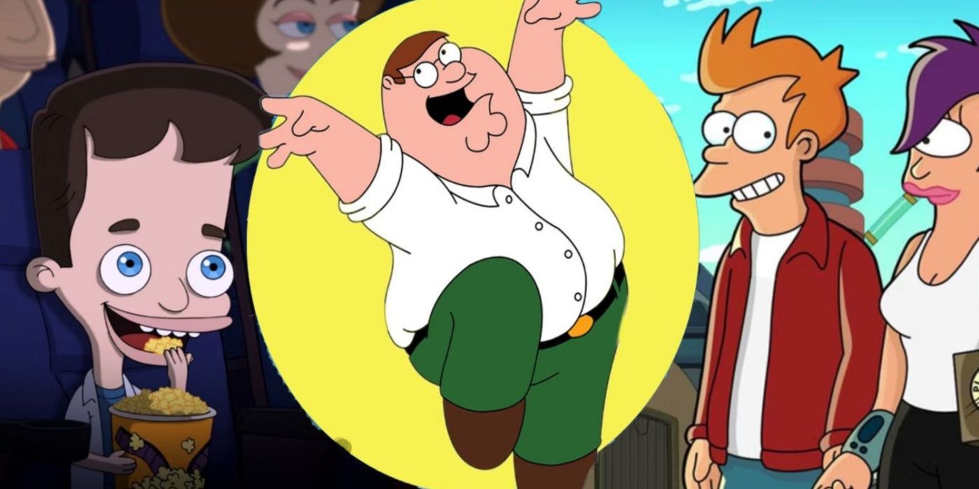 A split screen of characters from Big Mouth, Family Guy and Futurama