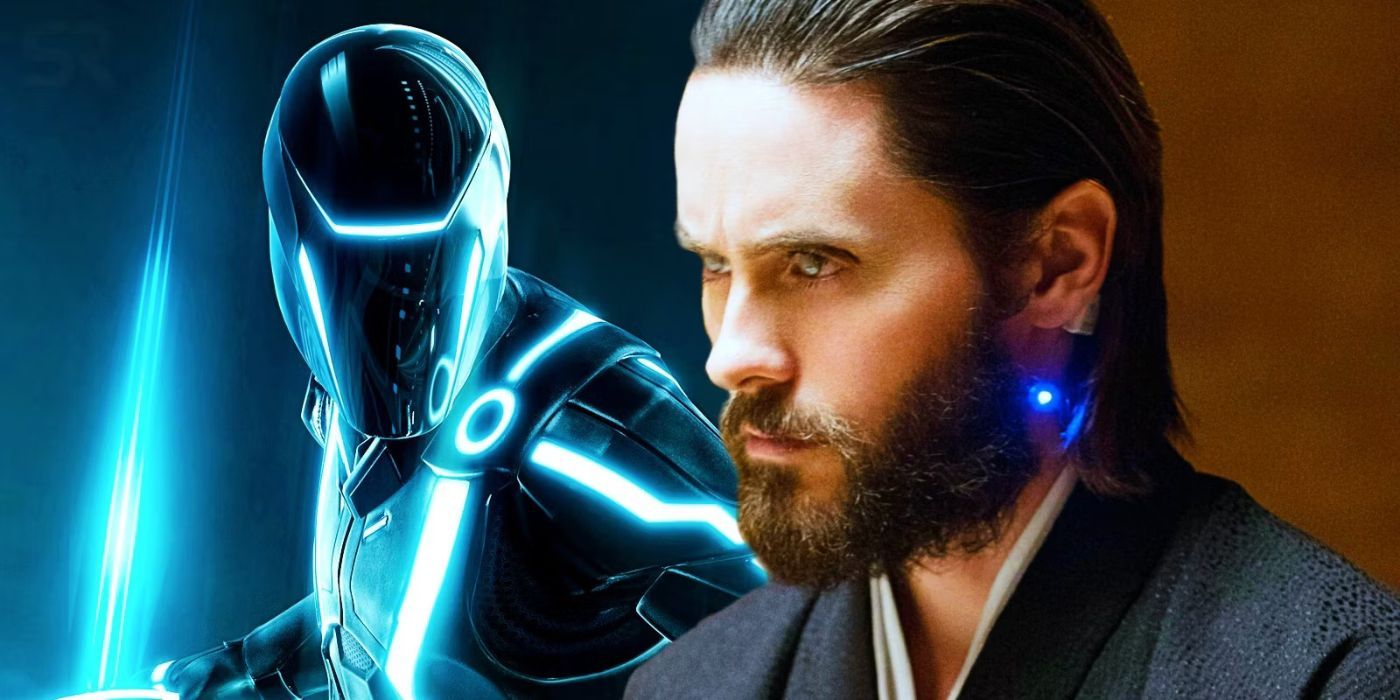 A Tron computer program holding a disc while Jared Leto looks sideways in Blade Runner 2049