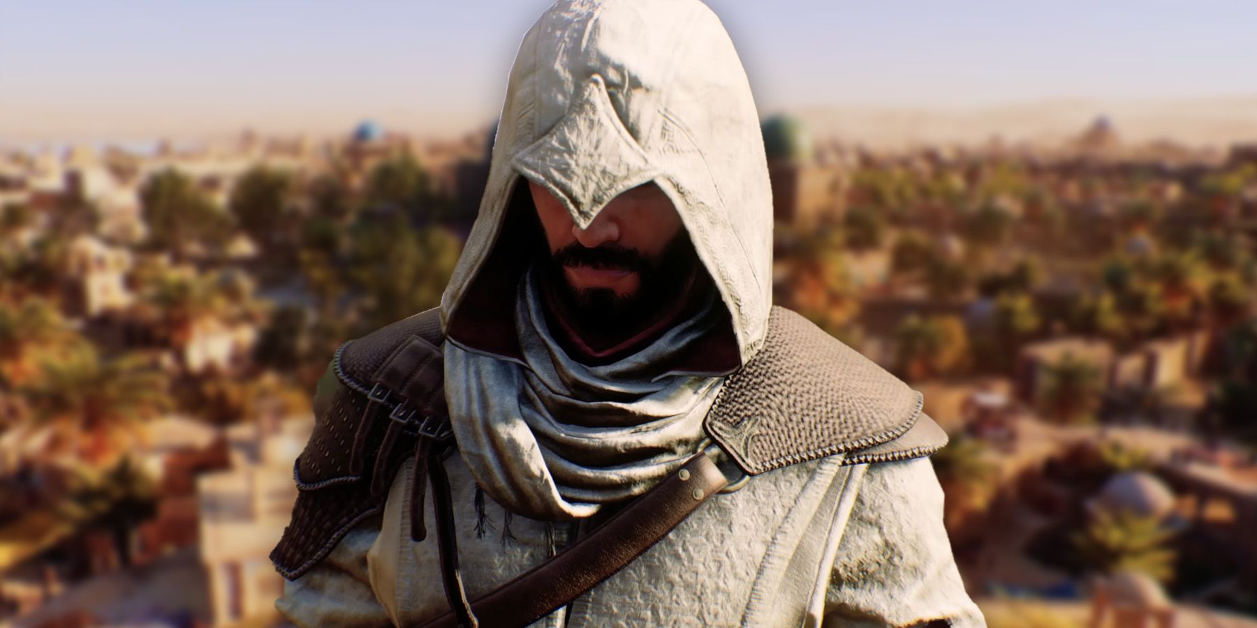 AC Mirage protagonist Basim superimposed on an image of Baghdad from the game.