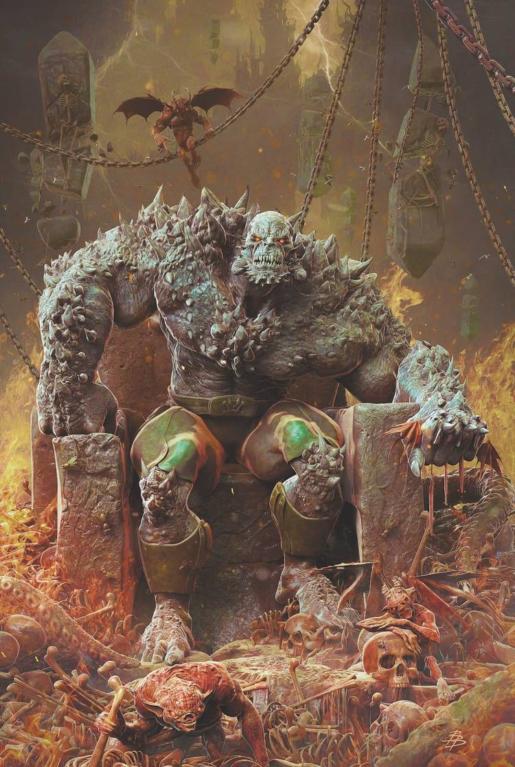 Doomsday sitting on a throne surrounded by destruction and gore.