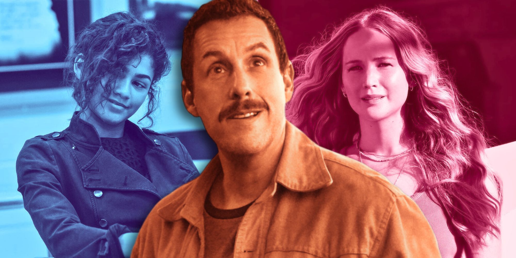 Composite image of Zendaya, Adam Sandler, and Jennifer Lawrence