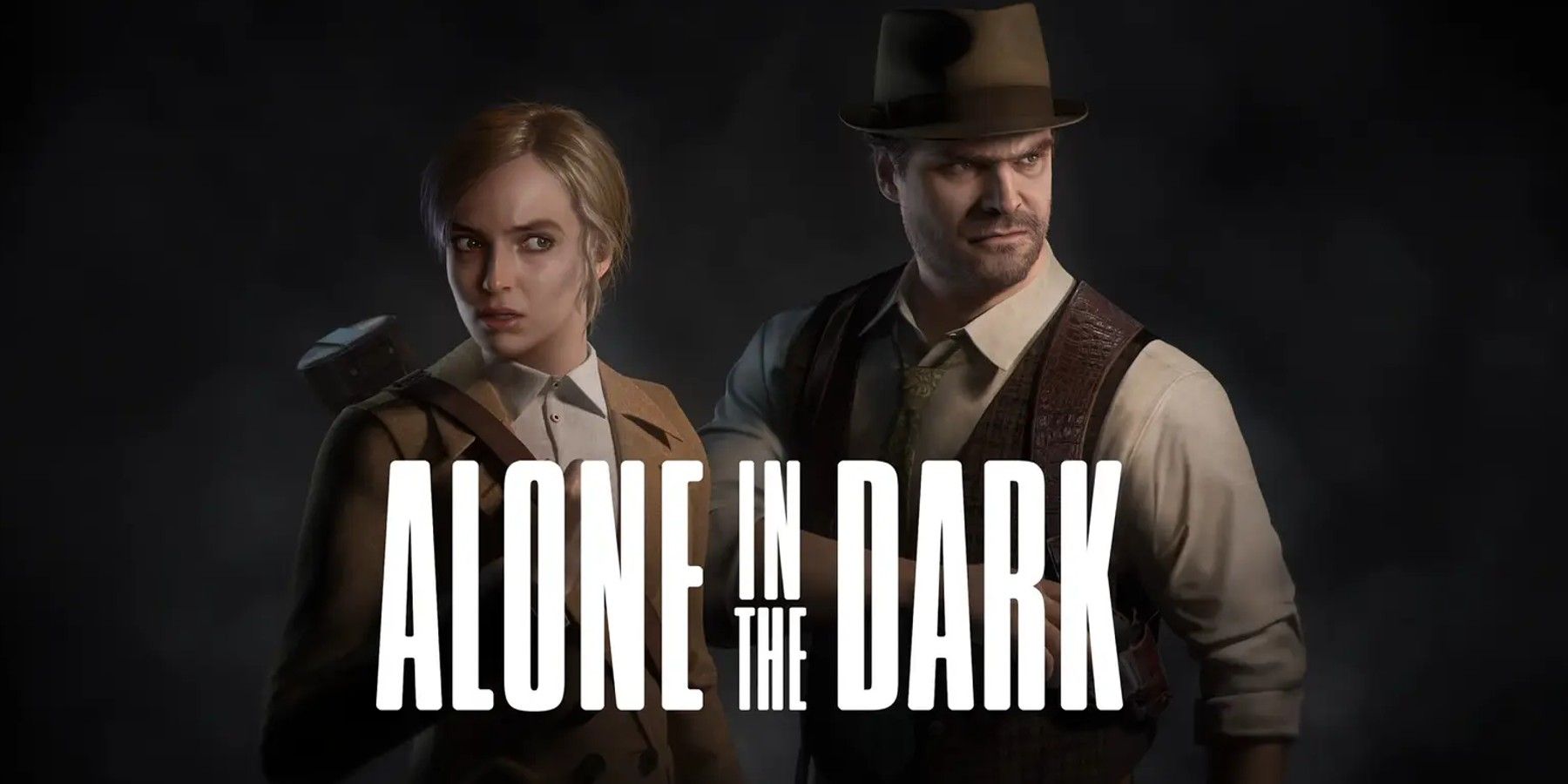 Alone In The Dark promo art showing Jodie Comer and David Harbour's characters.