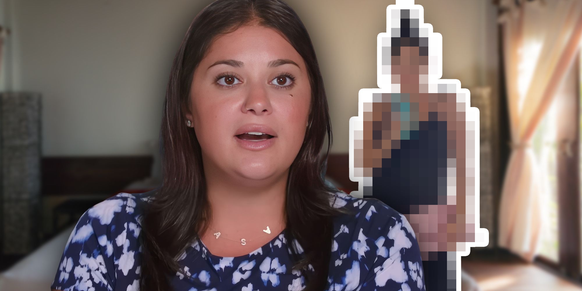 Loren Brovarnik from 90 Day Fiancé, with a pixelated version of Loren