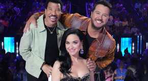 American Idol Season 21 Judges Lionel Richie, Katy Perry & Luke Bryan smiling on set for promo picture