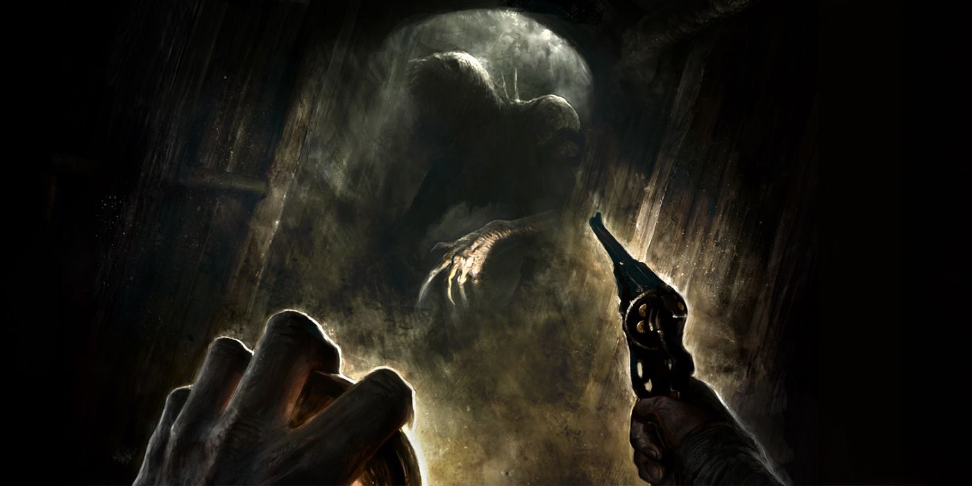 A first-person perspective as a character points a revolver at a giant silhouetted monster in a World War I bunker on the cover of Amnesia: The Bunker