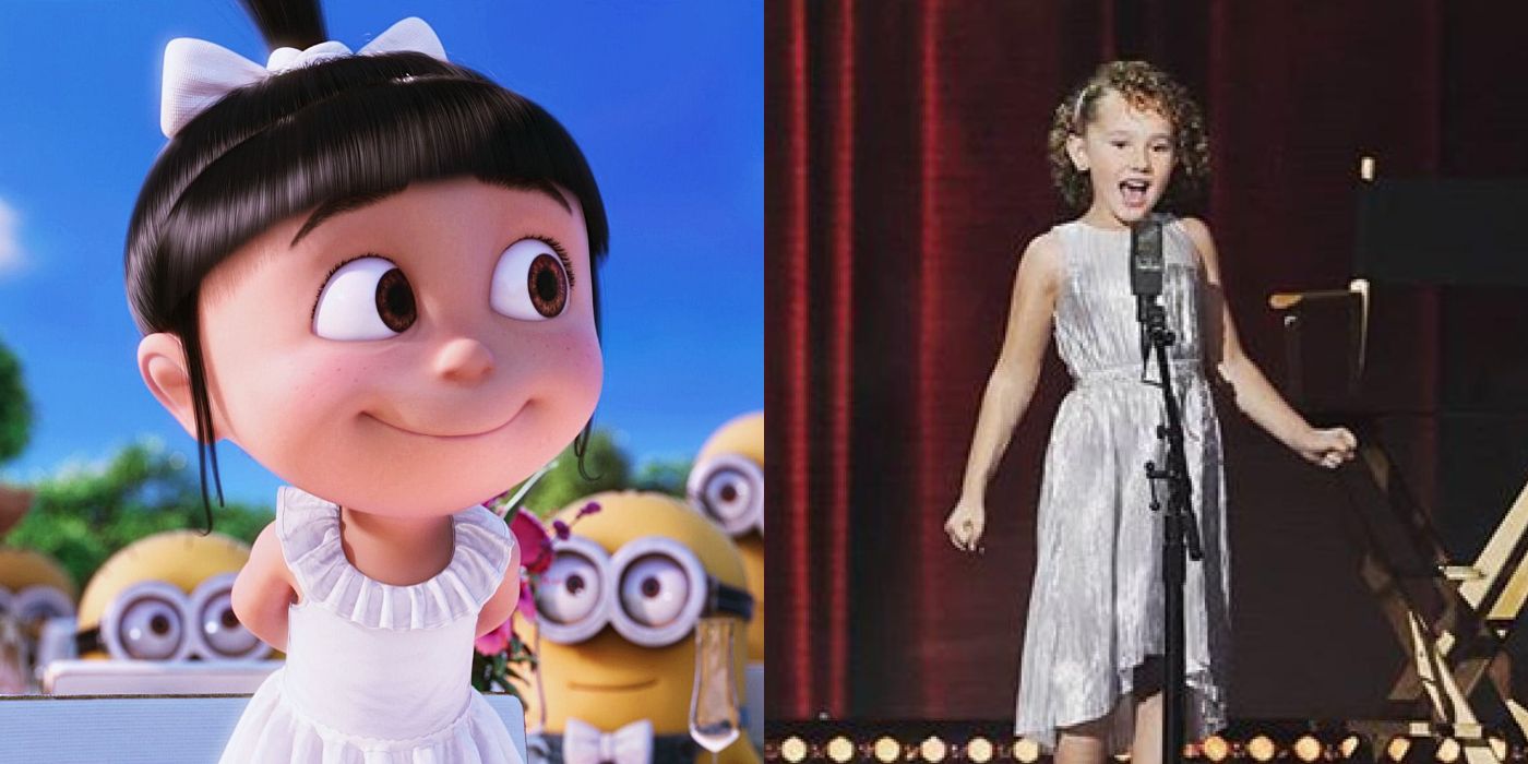 An image of Agnes smiling in Despicable Me and Nev Scharrel speaking into a microphone