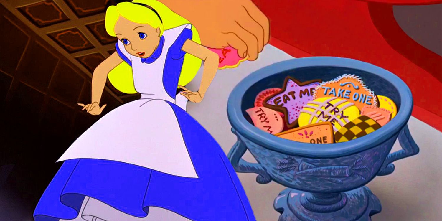 An image of Alice looking shocked while eating cookies in Alice in Wonderland