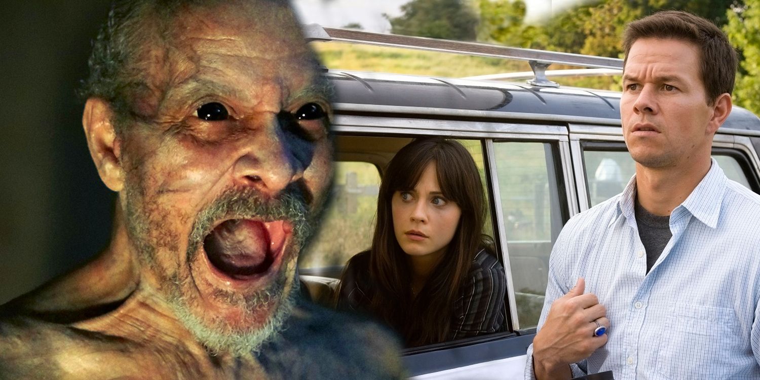 An image of an old man screaming and Mark Wahlberg and Zooey Deschanel looking shocked in The Happening
