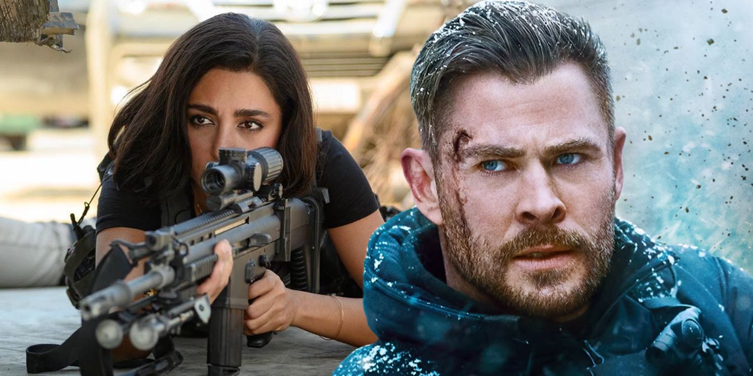 An image of Chris Hemsworth looking worried and Golshifteh Farahani holding a gun in Extraction 2