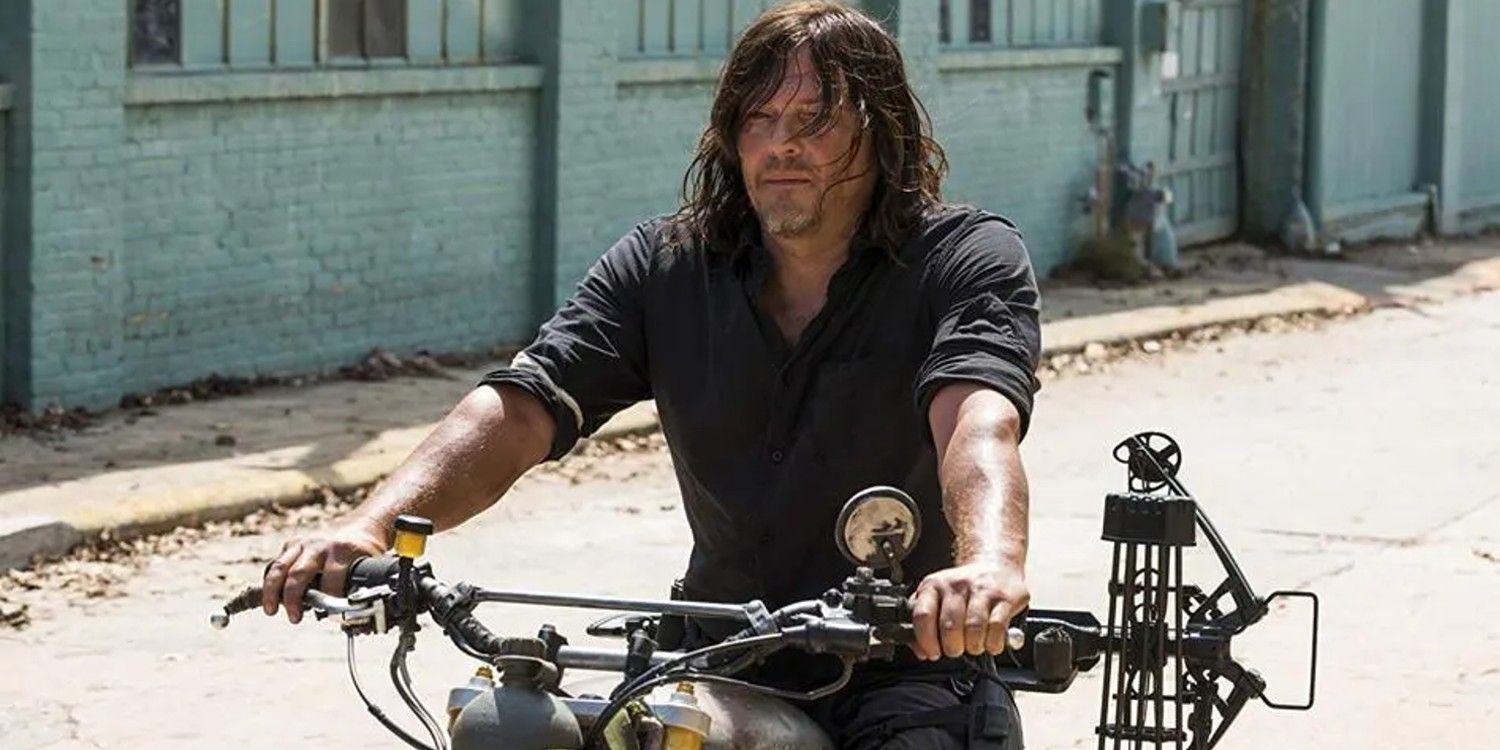 An image of Daryl sitting on a bike in The Walking Dead
