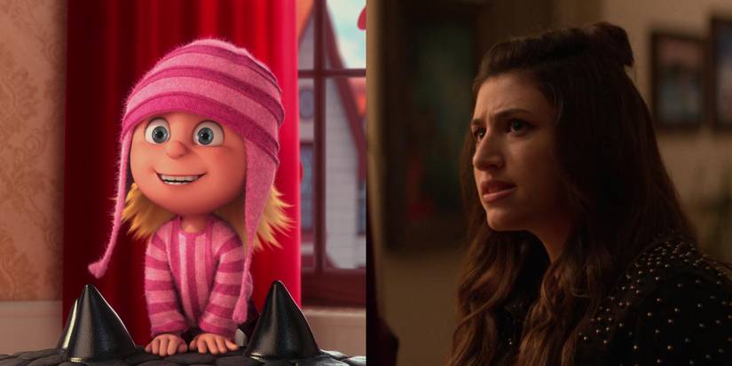 An image of Edith smiling in Despicable Me and Dana Gaier looking confused