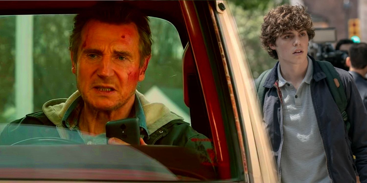An image of Liam Neeson looking worried and Jack Champion looking curious