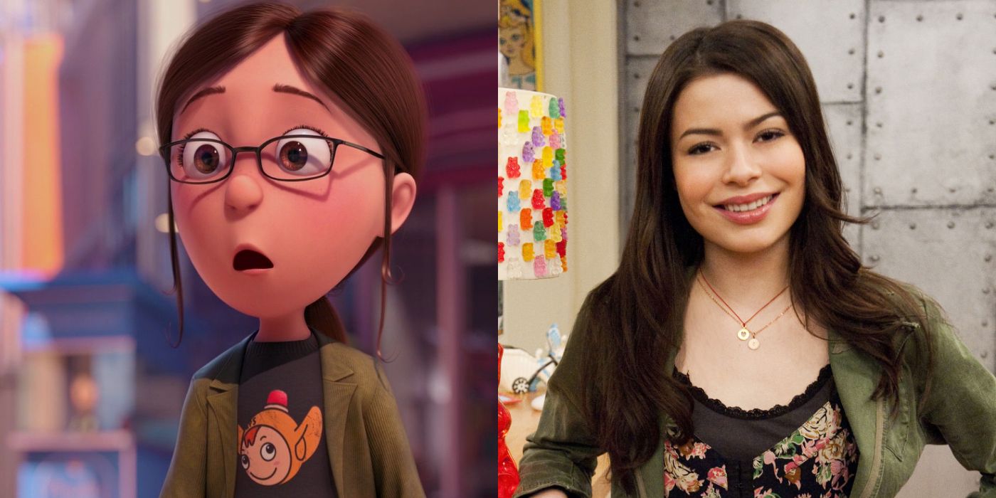 An image of Margo looking surprised in Despicable Me and Miranda Cosgrove smiling