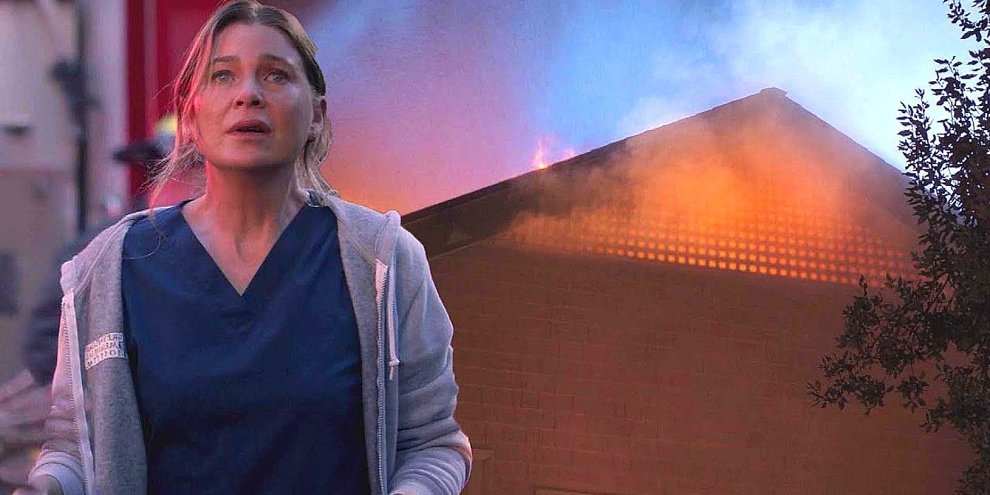 An image of Meredith looking upset as her house is on fire in Grey&rsquo;s Anatomy
