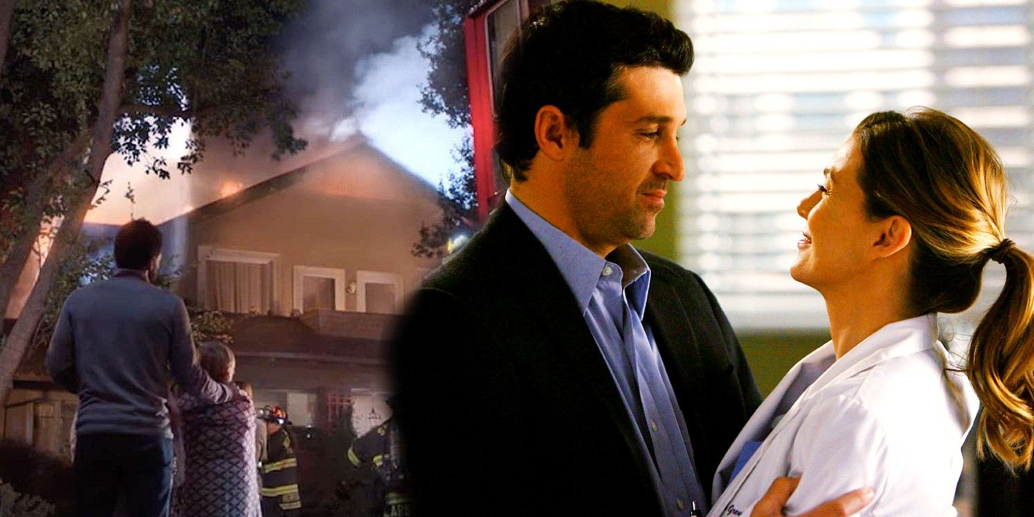 An image of Meredith&rsquo;s house on fire and Derek and Meredith hugging on Grey&rsquo;s Anatomy