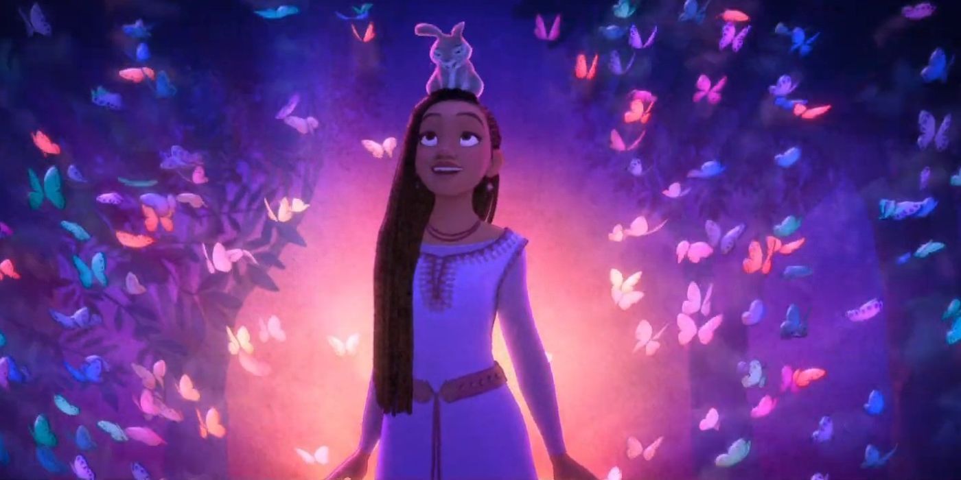 Asha rodeada de mariposas con un conejo en la cabeza en Wish.