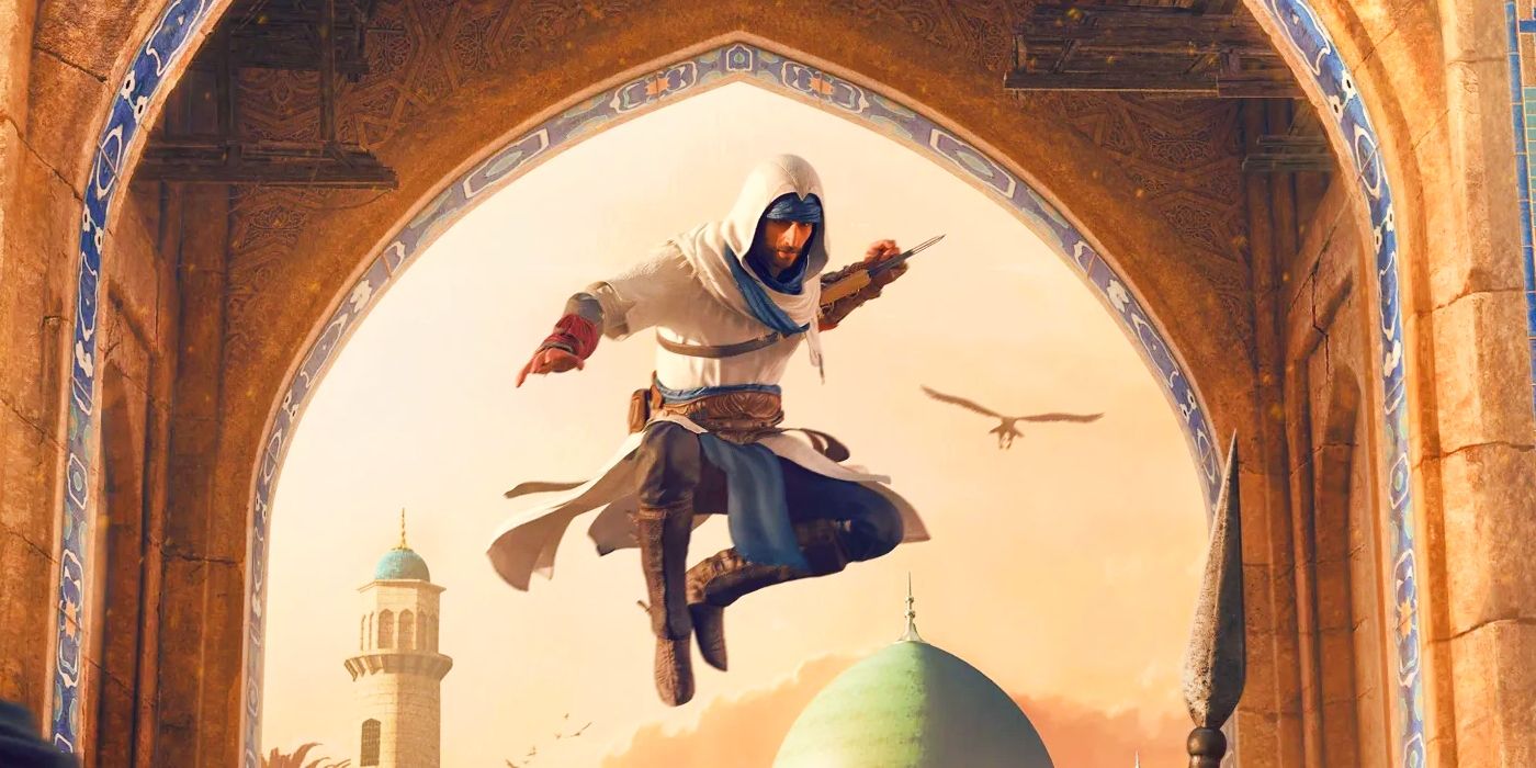 Assassin's Creed Mirage's Basim jumping in the air with the Hidden Blade ready to strike.