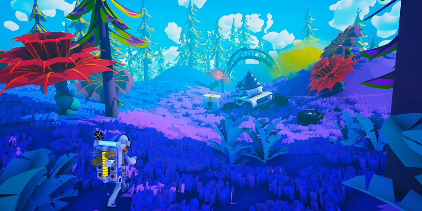 A player in Astroneer, dressed in a space suit, exploring a lush, colorful planet. There's a broken vehicle in front of him.