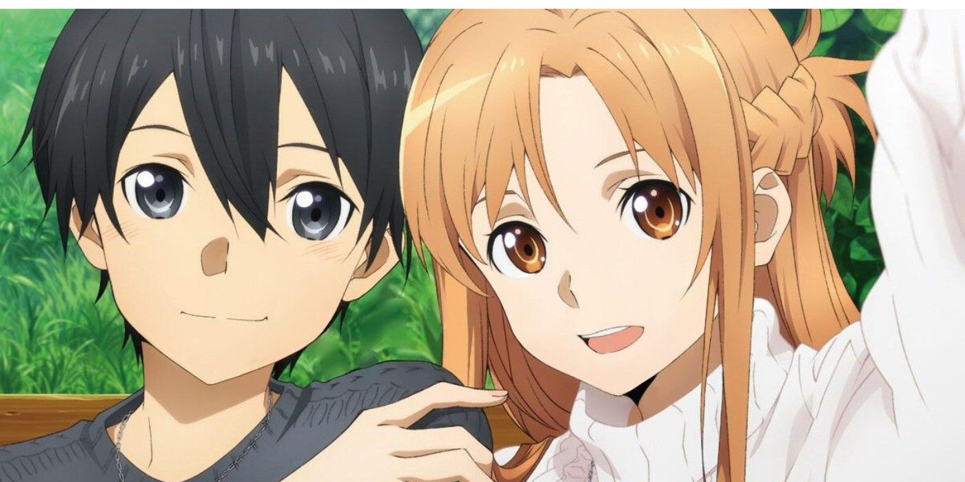 Asuna and Kirito take a selfie in Sword Art Online