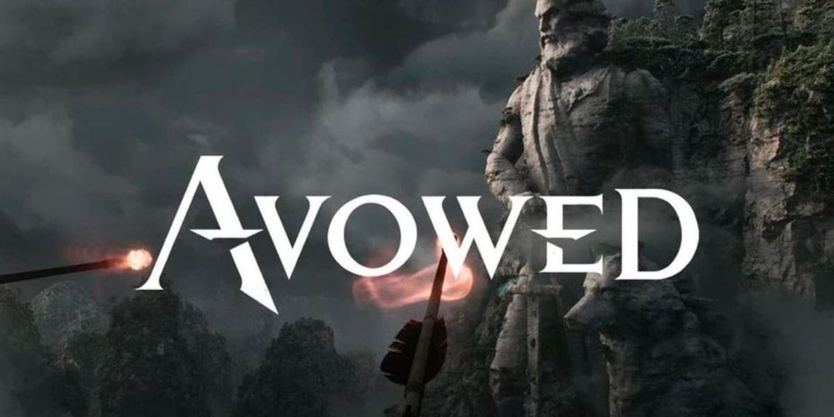 Avowed Game, logo over a darkened sky with a cliff face that has a statue of a warrior