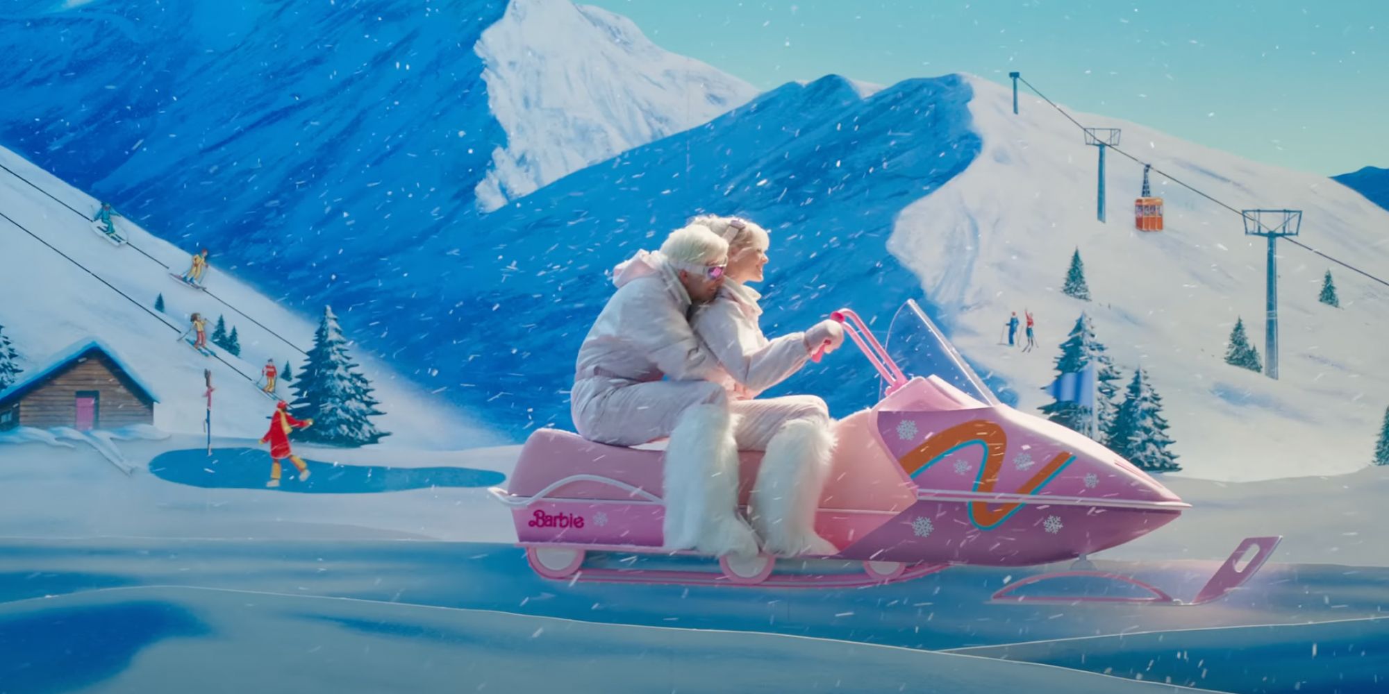 Barbie and Ken on a snowmobile in Barbie (2023)