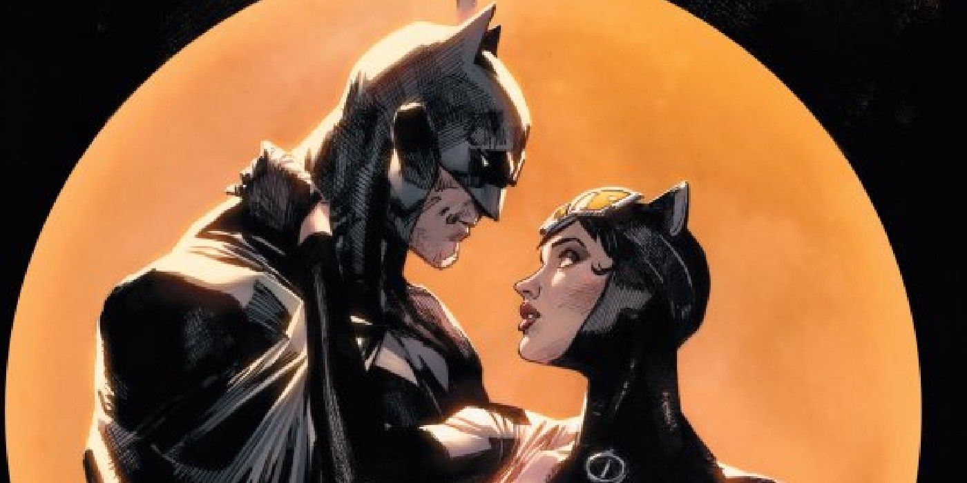 Batman e Mulher-Gato em um círculo laranja.