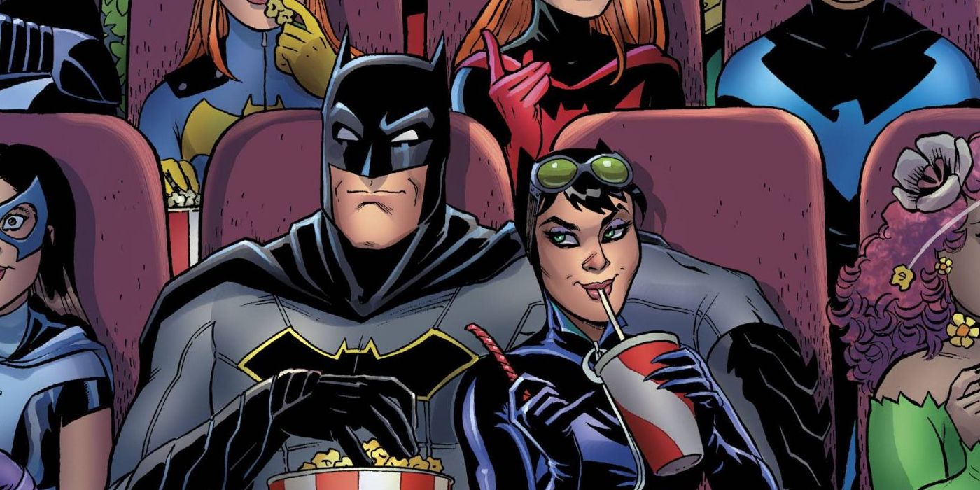 Batman in a movie theater, surrounded by allies and enemies.