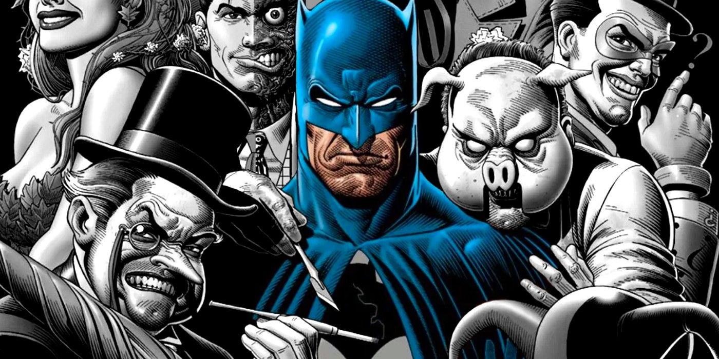 Batman (color) surrounded by villains including Penguin and Two-Face (black & white.)