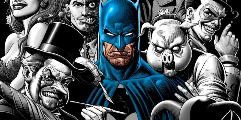 Comic book art: Batman in color surrounded by villains including Penguin and Two-Face in black and white