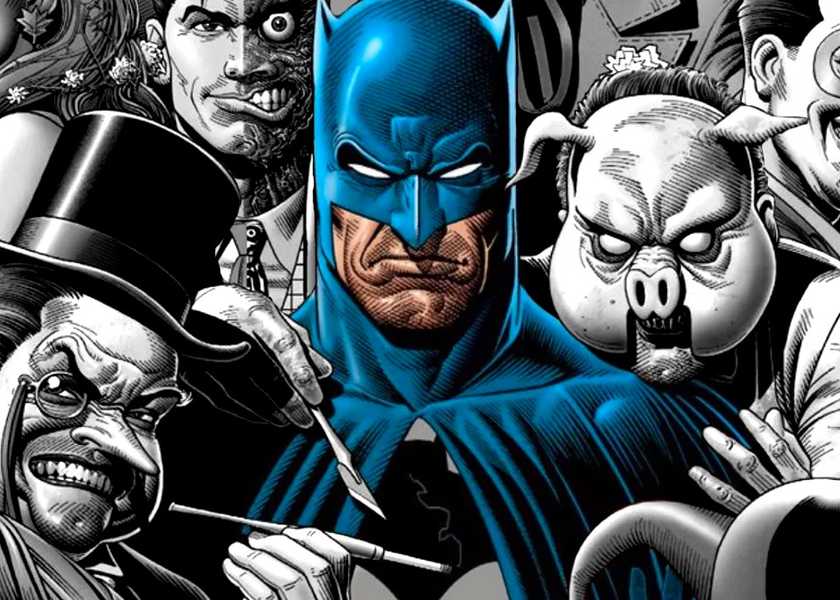 Comic book art: Batman in color surrounded by villains including Penguin and Two-Face in black and white