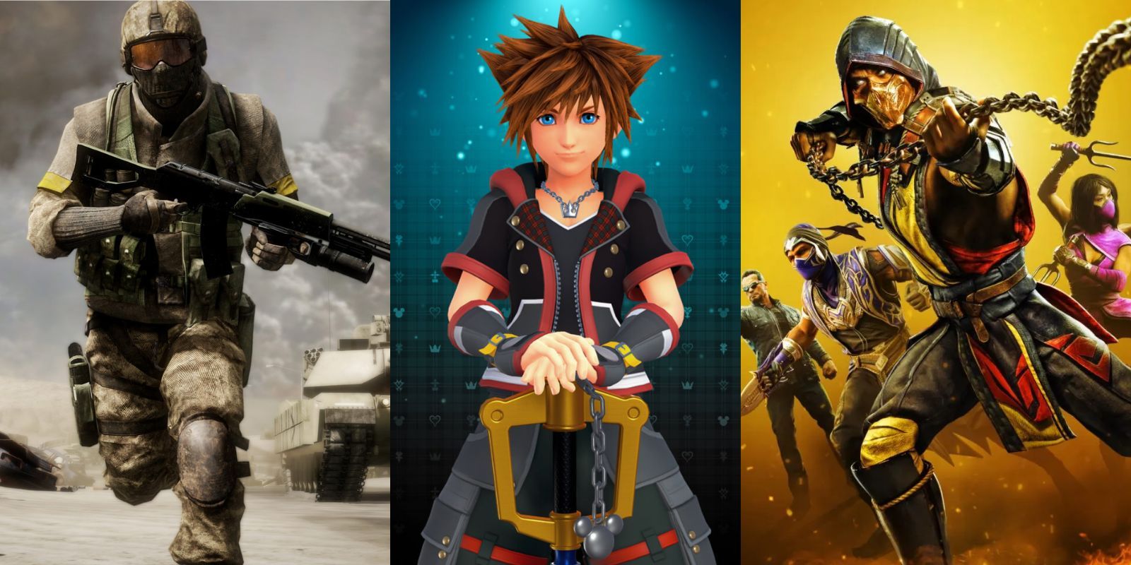 Image Collage of Battlefield, Kingdom Hearts, and Mortal Kombat