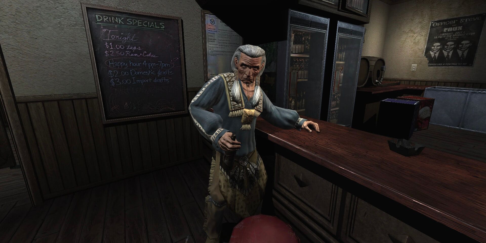 A screenshot from the 2006 videogame Prey showing an old man leaning on a bar