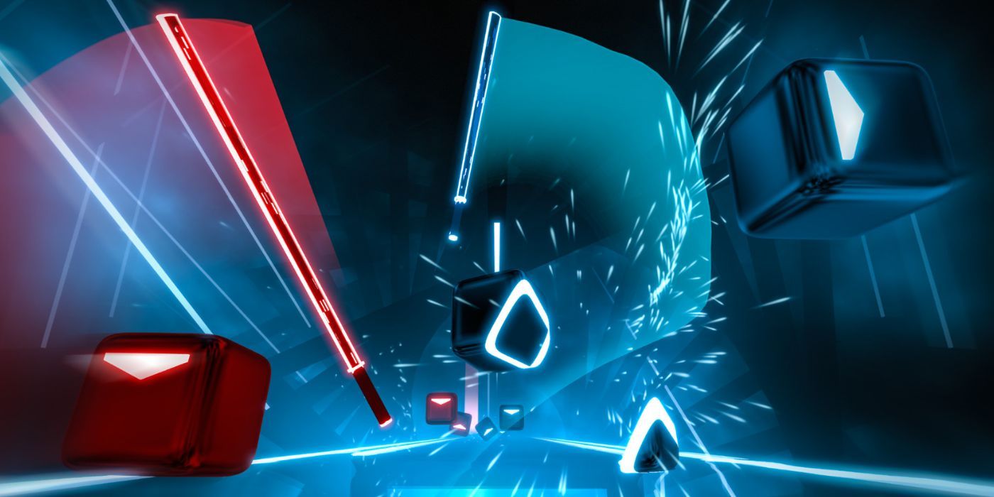 Ένα στιγμιότυπο οθόνης από το Beat Saber όπου ο παίκτης κόβει μπλοκ με ένα μπλε και ένα κόκκινο σπαθί.