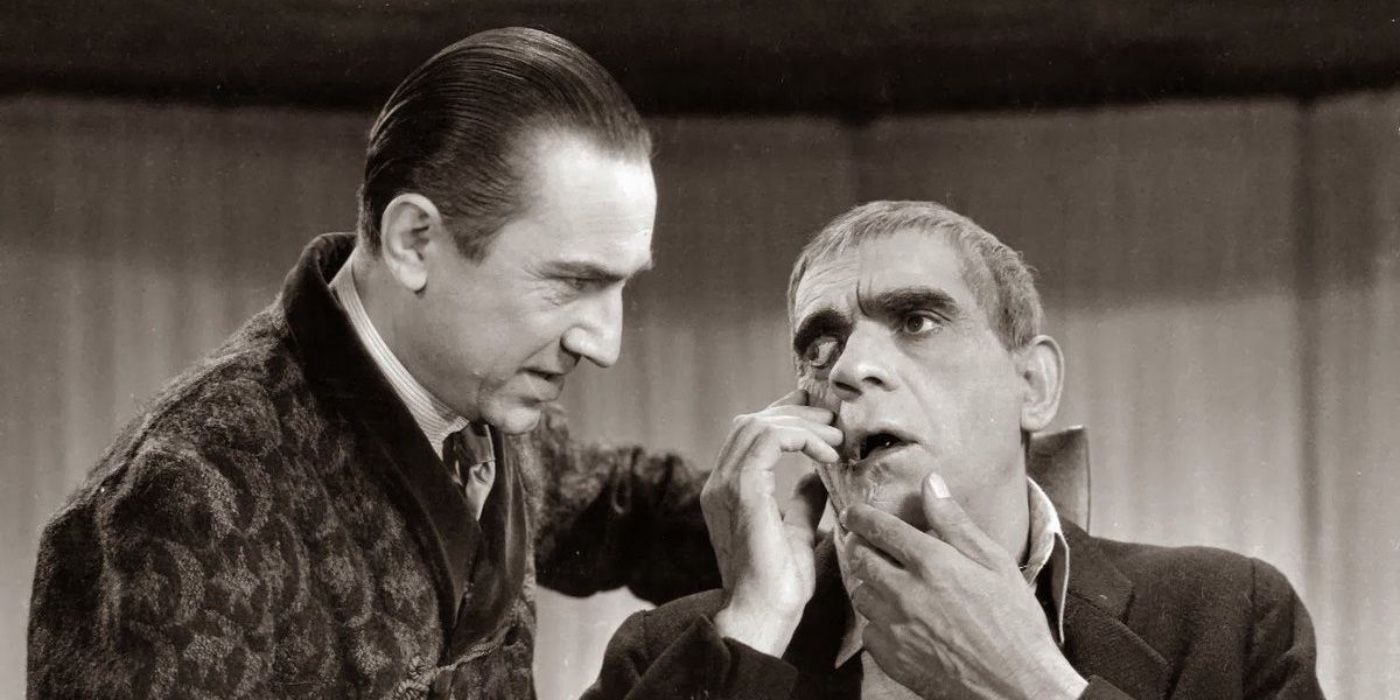 Bela Lugosi examining Boris Karloff in The Raven